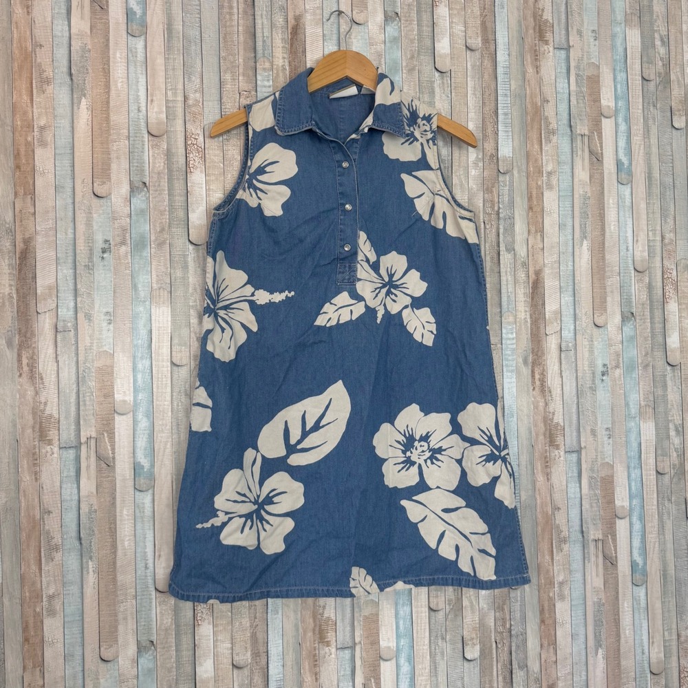 Vintage 90s Liz Claiborne Lizwear Hawaiian Floral Denim Chambray Shift Dress S 8